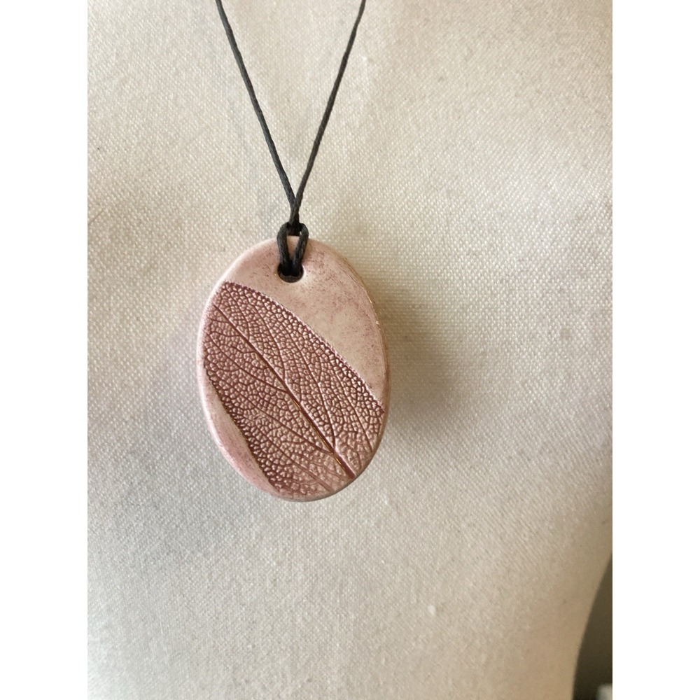 Pink Ceramic Leaf Pendant Necklace Black Cord Boho Nature Botanical Artisan